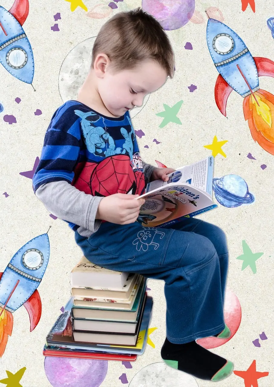Child reading a book surrounded by spaceships