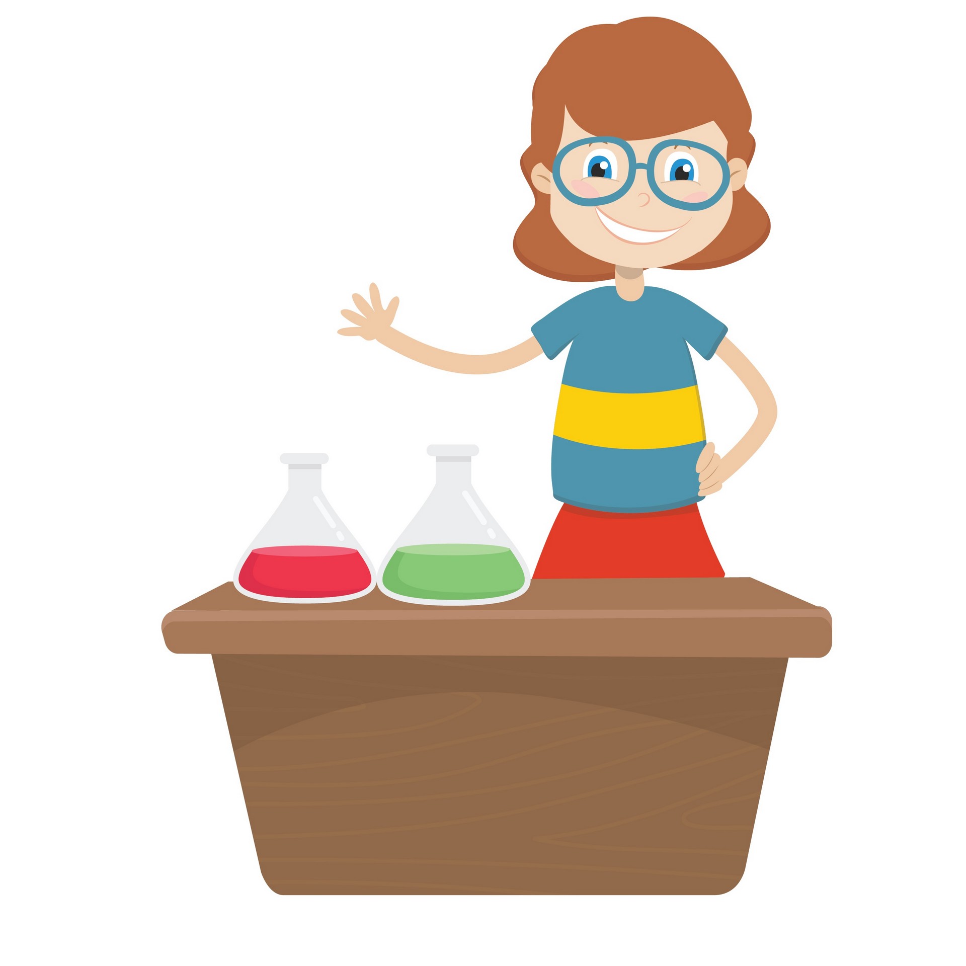 A cartoon teacher with chemistry bottles